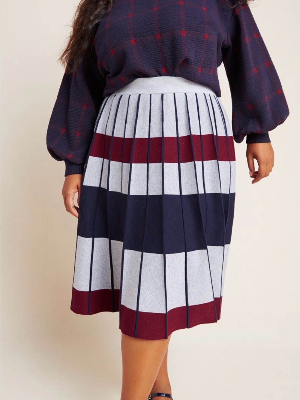 Anthropologie Pleated Midi Skirt in Navy, Burgundy and Light Gray